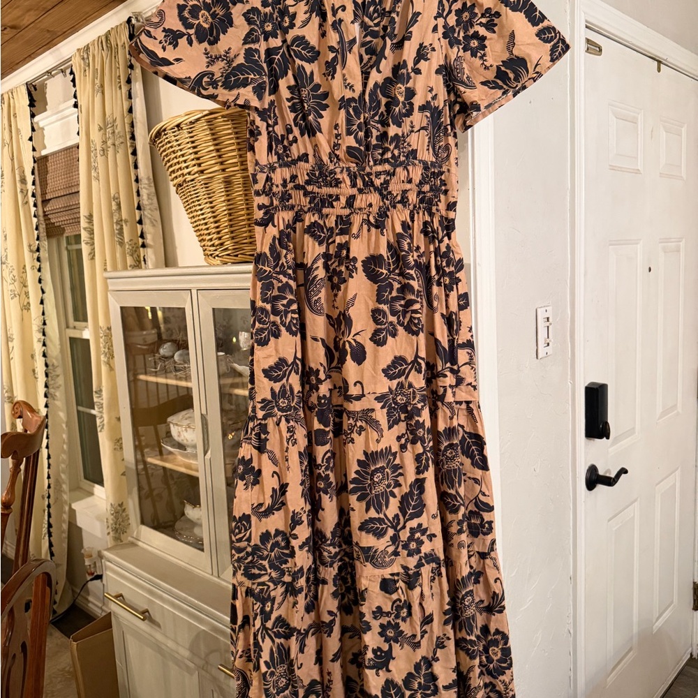 Anthropologie Tan and Black Floral Maxi Dress